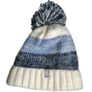 Heat Holders Feather Knit Pom Pom Beanie Hat Blue White Striped‎ Winter Womens